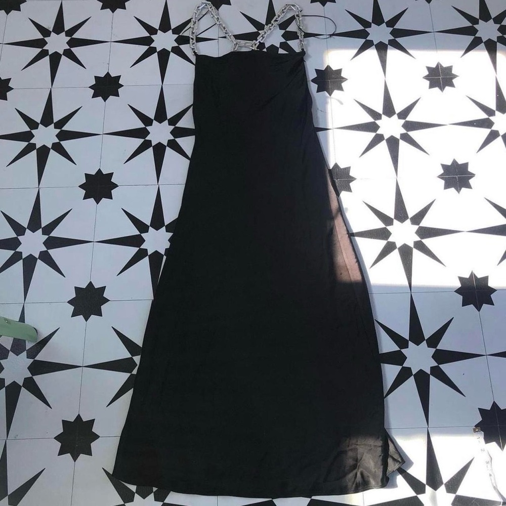NWT Zara Black Silky Slip Dress Maxi Faux Chain Link Straps